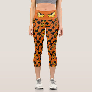 Spooky Evil Eye Orange& Black Halloween Pattern Capri Leggings