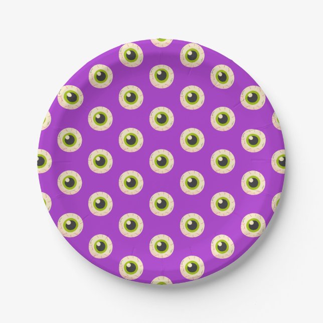 Spooky Eyeball Pattern on Purple Halloween Party Paper Plate (Front)