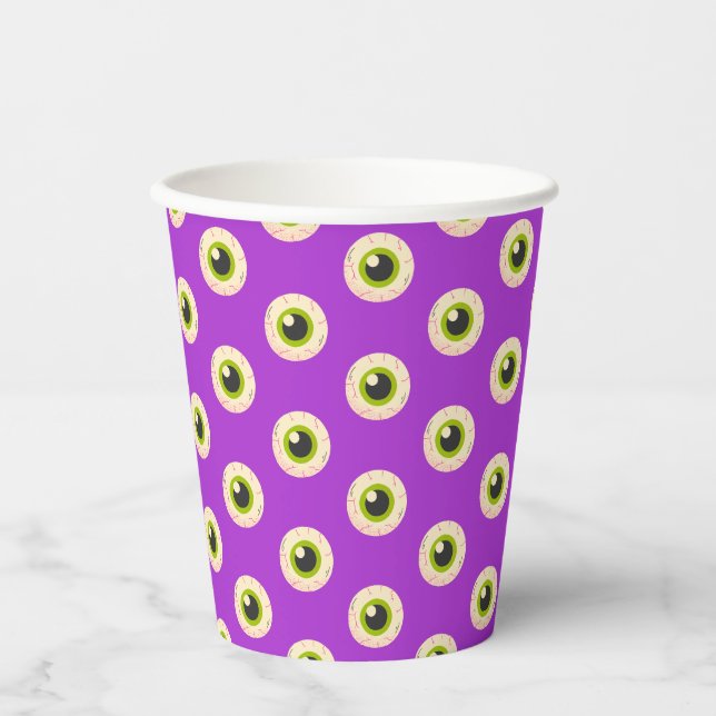 Spooky Eyeball Pattern on Purple Quirky Halloween Paper Cups (Front)