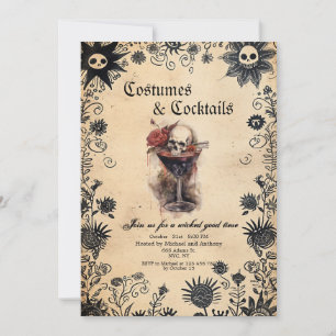 Spooky Flowers And Scull Costume Halloween Party Invitation
