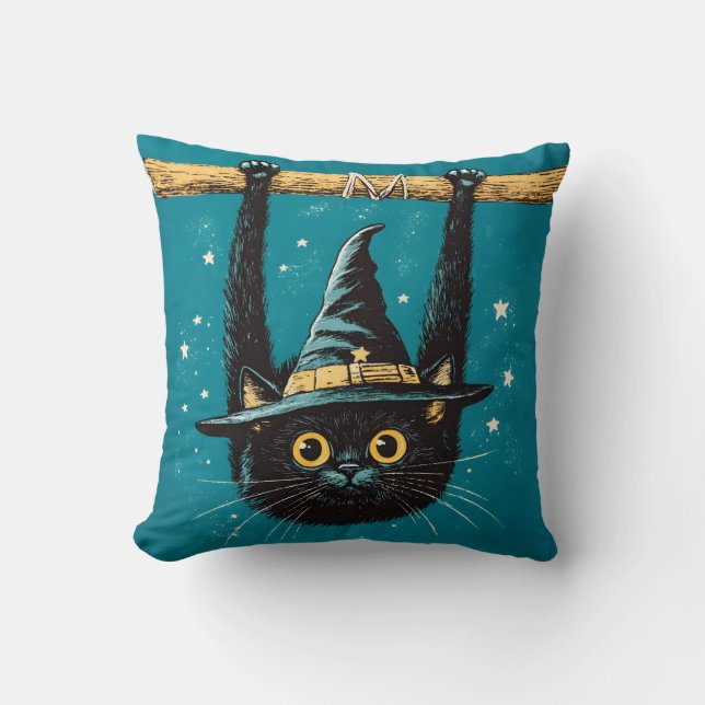 Spooky Flying Black Cat Witch Cushion (Front)