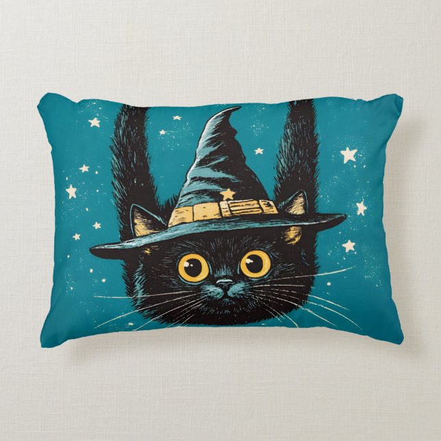 Spooky Flying Black Cat Witch Decorative Cushion (Front)