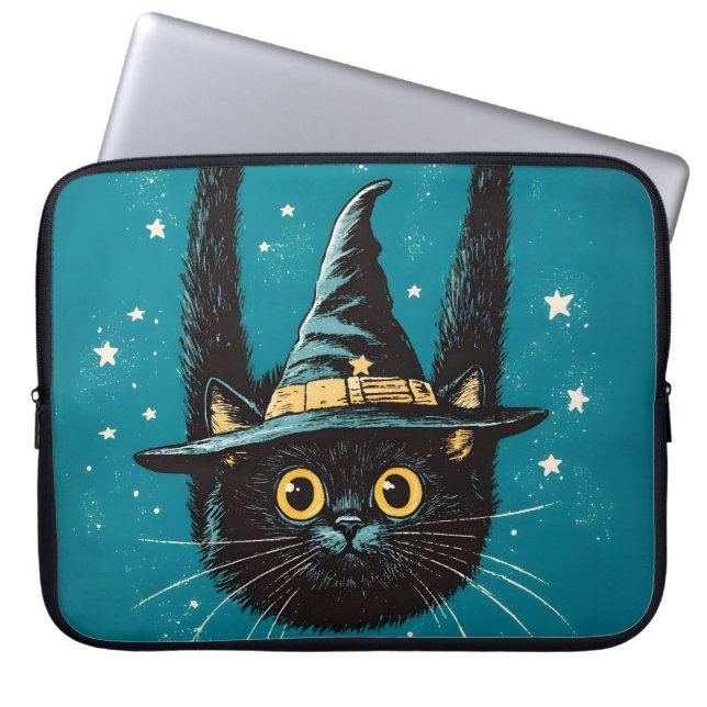 Spooky Flying Black Cat Witch Laptop Sleeve (Front)