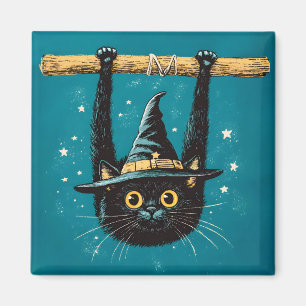 Spooky Flying Black Cat Witch Magnet