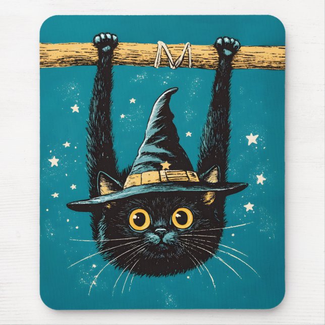Spooky Flying Black Cat Witch Mouse Pad (Front)