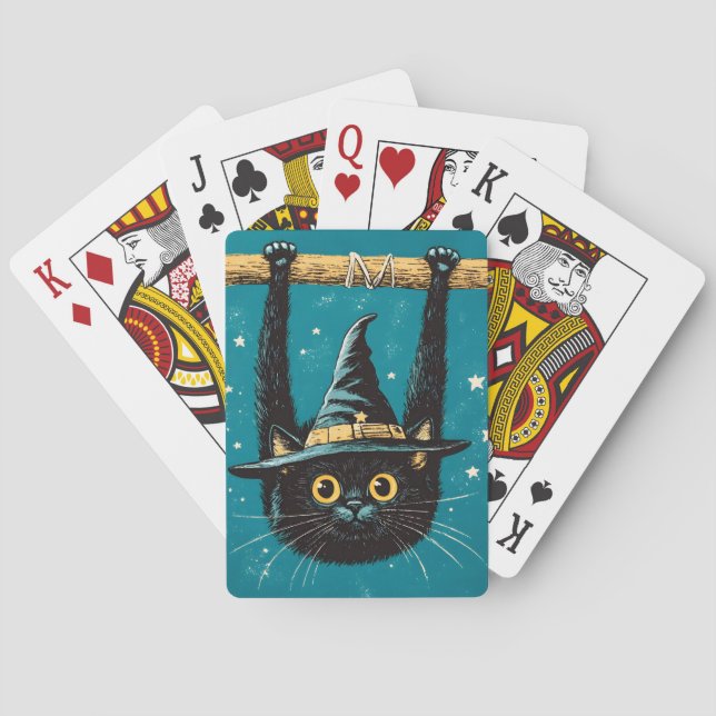 Spooky Flying Black Cat Witch Playing Cards (Back)