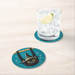 Spooky Flying Black Cat Witch Round Paper Coaster