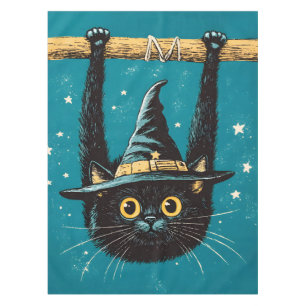 Spooky Flying Black Cat Witch Tablecloth