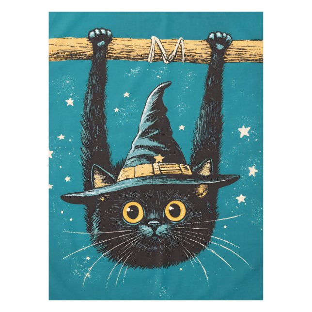 Spooky Flying Black Cat Witch Tablecloth (Front)