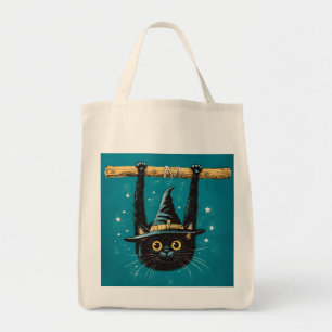Spooky Flying Black Cat Witch Tote Bag