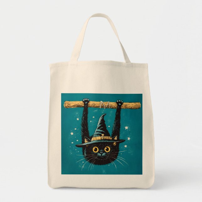 Spooky Flying Black Cat Witch Tote Bag (Front)