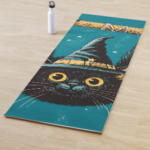 Spooky Flying Black Cat Witch Yoga Mat