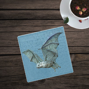 Spooky flying Blue Bat white Face showing Teeth Glass Coaster