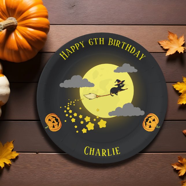 Spooky Flying Witch Black Cat Cartoon Birthday Paper Plate (Creator Uploaded)
