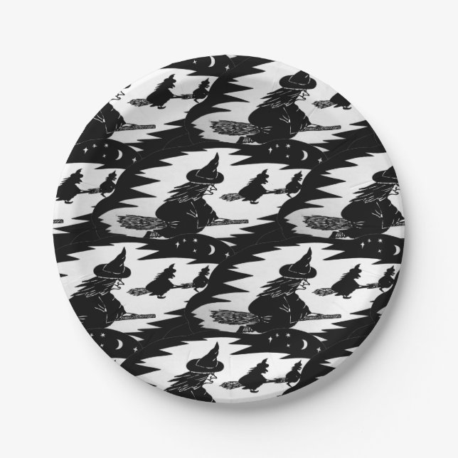 spooky flying witches on broomsticks halloween paper plate (Front)
