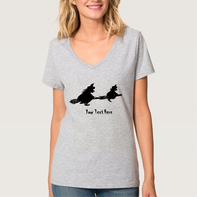 spooky flying witches on broomsticks halloween T-Shirt (Front)