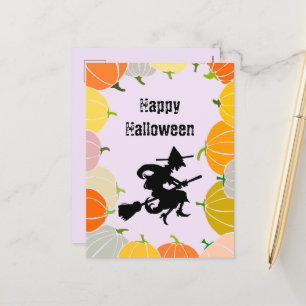 Spooky Flying Witch's Orange Pumpkins Holiday Postcard
