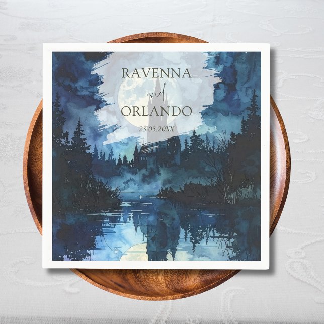 Spooky Forest Castle Moonlake Romance Wedding Napkin (Creator Uploaded)