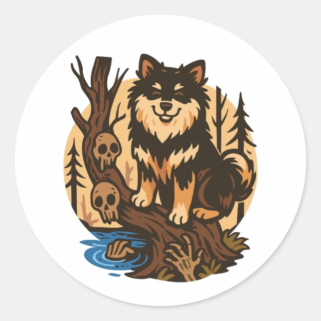 Spooky Forest Dog with Skulls Horror Art Classic Round Sticker (Front)