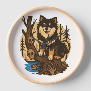 Spooky Forest Dog with Skulls Horror Art Clock
