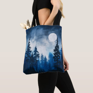 Spooky Forest Full Moon Blue and White Halloween Tote Bag