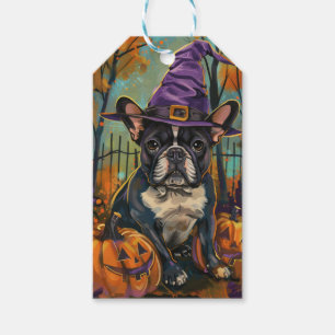 Spooky French Bulldog Halloween Witch And Pumpkin Gift Tags