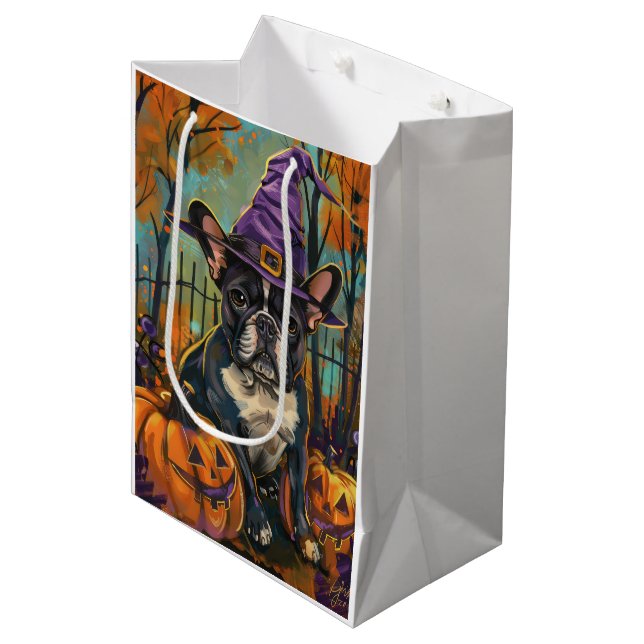 Spooky French Bulldog Halloween Witch And Pumpkin Medium Gift Bag (Front Angled)