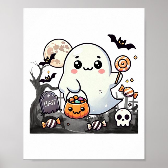 Spooky Friends Cute Halloween Ghost Pumpkin Moon  Poster (Front)