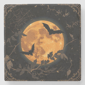 Spooky Full Moon & Bats Vintage Halloween Stone Coaster