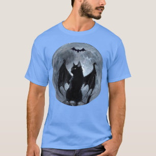Spooky Full Moon Black Cat With Bat Wings Hallowee T-Shirt