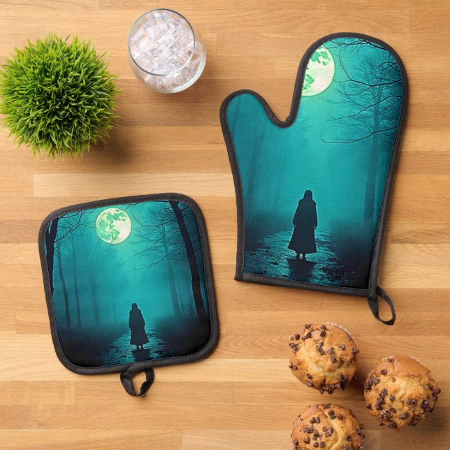 Spooky Full Moon Night Design Oven Mitt & Pot Holder Set (Top Down)