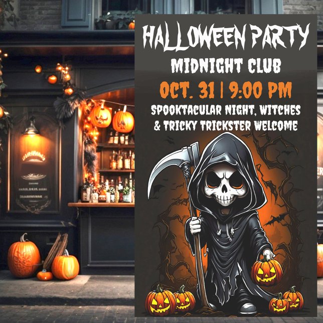 Spooky Fun Design Haunting Decor Festive Details Banner (Grim the reaper scythe man halloween party banner.)