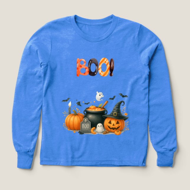 Spooky Fun Halloween BOO Kids Tee with Ghosts (Design Front)