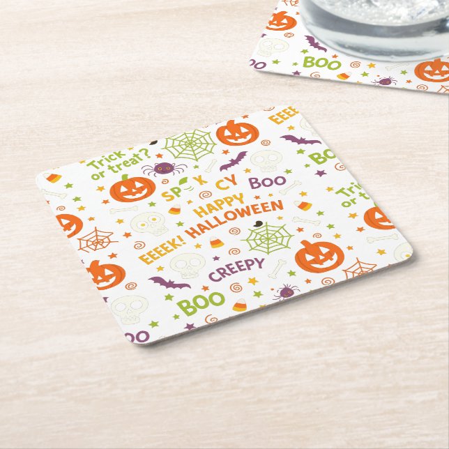 Spooky & Fun Pumpkin - Colourful Halloween Pattern Square Paper Coaster (Angled)