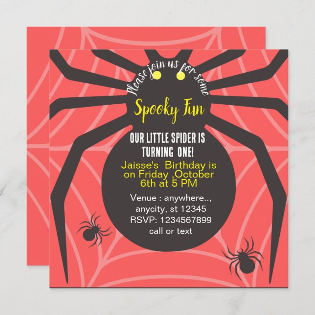 SPOOKY FUN SPIDER BIRTHDAY CUSTOM INVITATION (Front/Back)