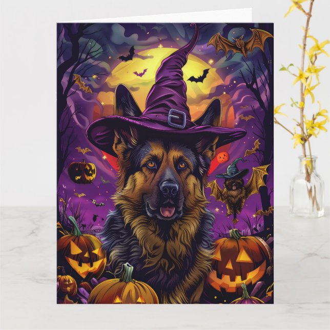 Spooky German Shepherd Halloween Witch Pumpkin  Card (Yellow Flower)