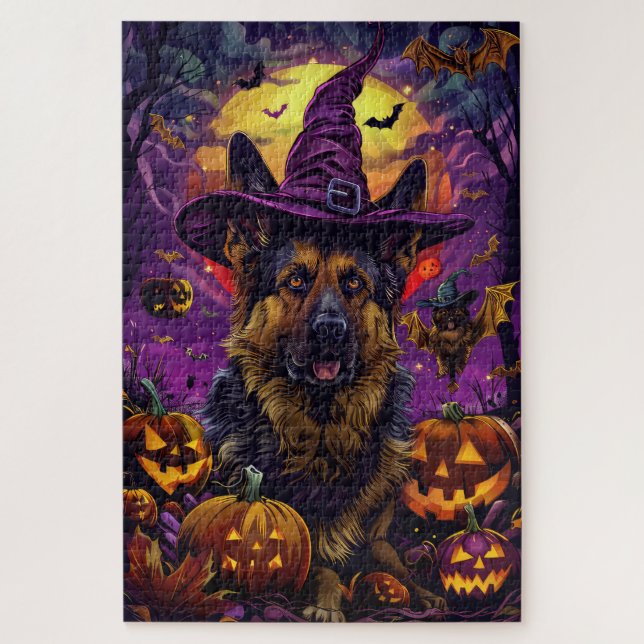 Spooky German Shepherd Halloween Witch Pumpkin  Jigsaw Puzzle (Vertical)