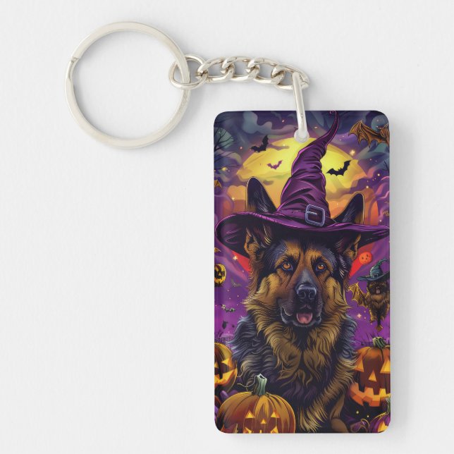 Spooky German Shepherd Halloween Witch Pumpkin  Key Ring (Front)