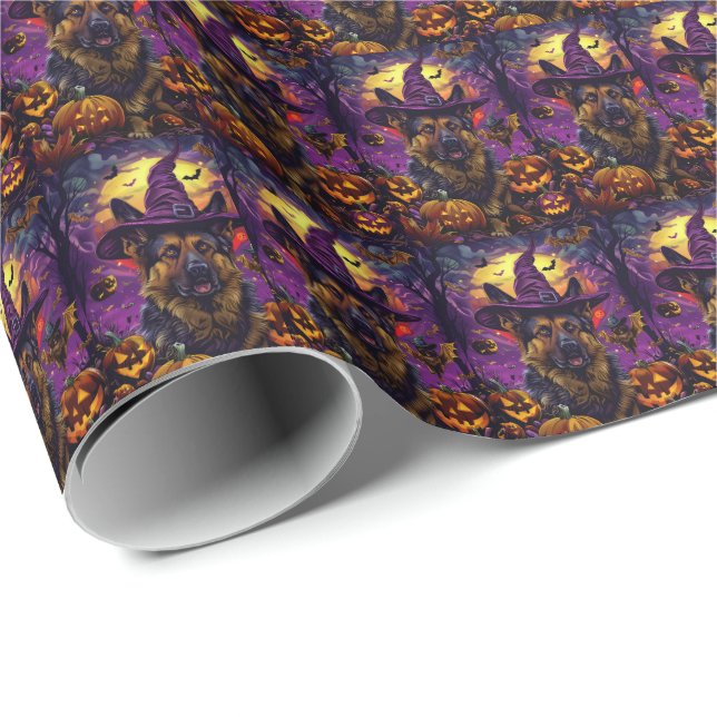 Spooky German Shepherd Halloween Witch Pumpkin  Wrapping Paper (Roll Corner)