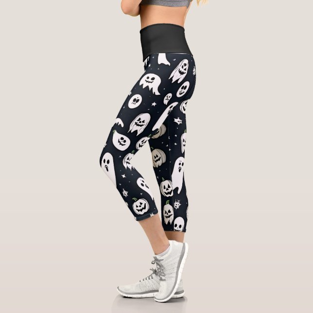 Spooky Ghost and Pumpkin Halloween Capri Leggings (Left)