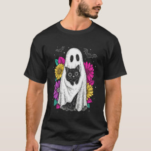 Spooky Ghost Black Cat Halloween Floral Goth Aesth T-Shirt