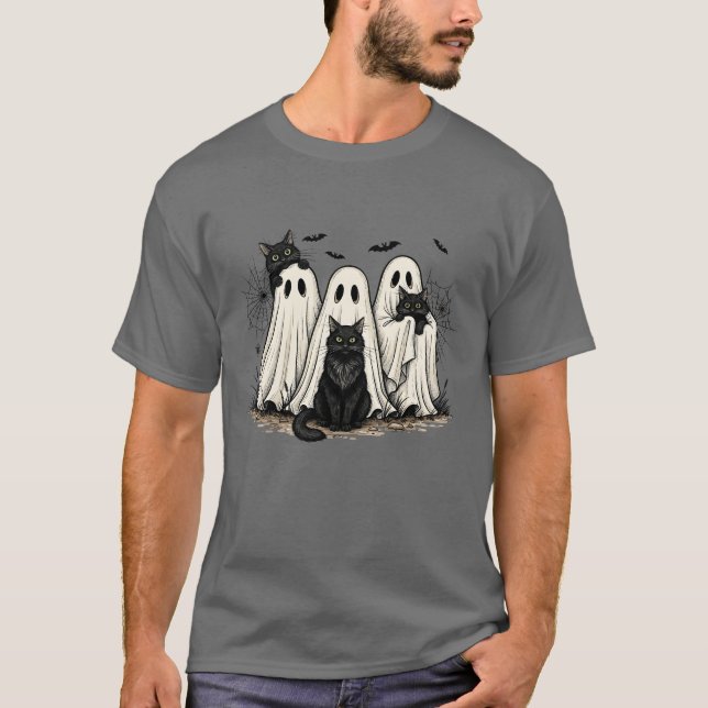 Spooky Ghost Black Cat Halloween T-shirt (Front)