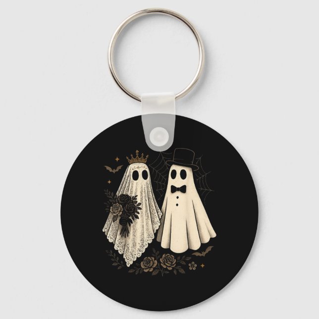 Spooky Ghost Bride And Groom Halloween Wedding Key Ring (Front)