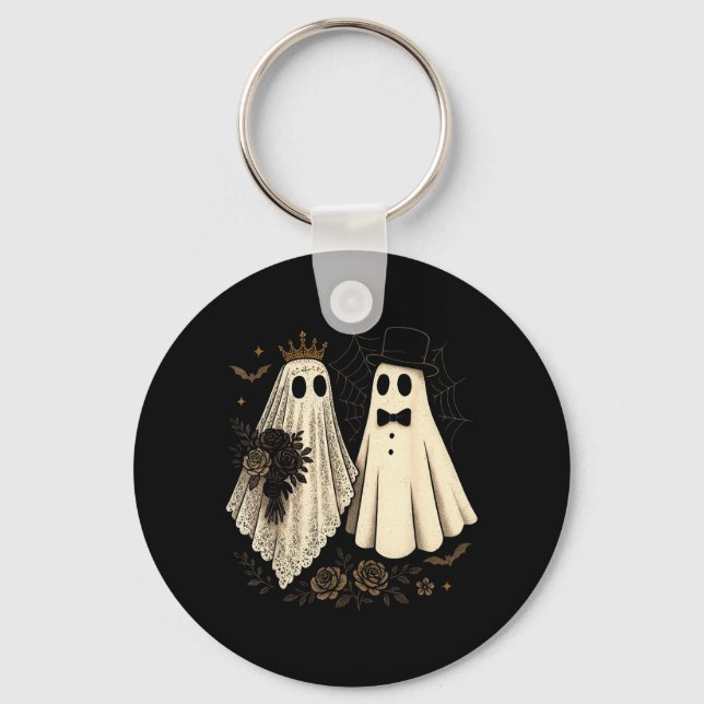 Spooky Ghost Bride and Groom Halloween Wedding Key Ring (Front)