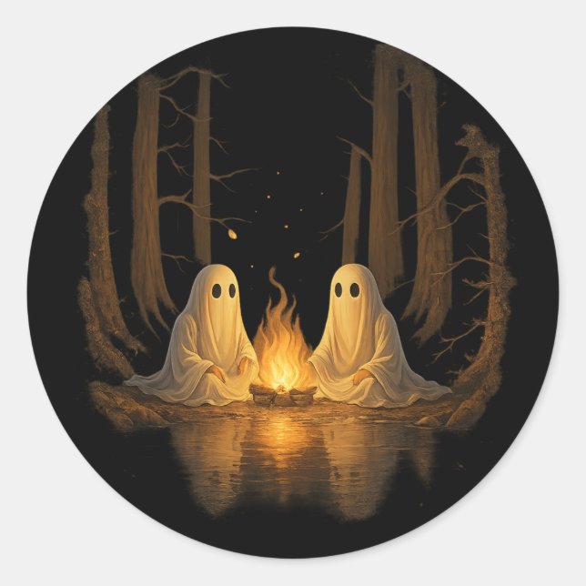 Spooky Ghost Campfire Night Forest Art - Halloween Classic Round Sticker (Front)