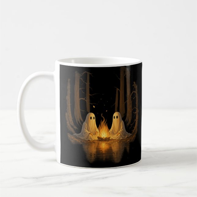 Spooky Ghost Campfire Night Forest Art - Halloween Coffee Mug (Left)