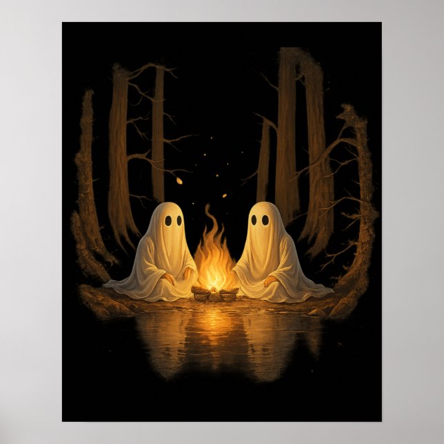 Spooky Ghost Campfire Night Forest Art - Halloween Poster (Front)
