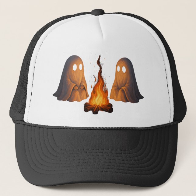 Spooky Ghost Campfire Night Forest Art - Halloween Trucker Hat (Front)