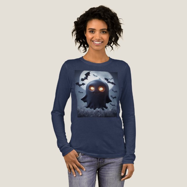 Spooky Ghost Cartoon With Bats Tri-Blend Shirt (Full Front)