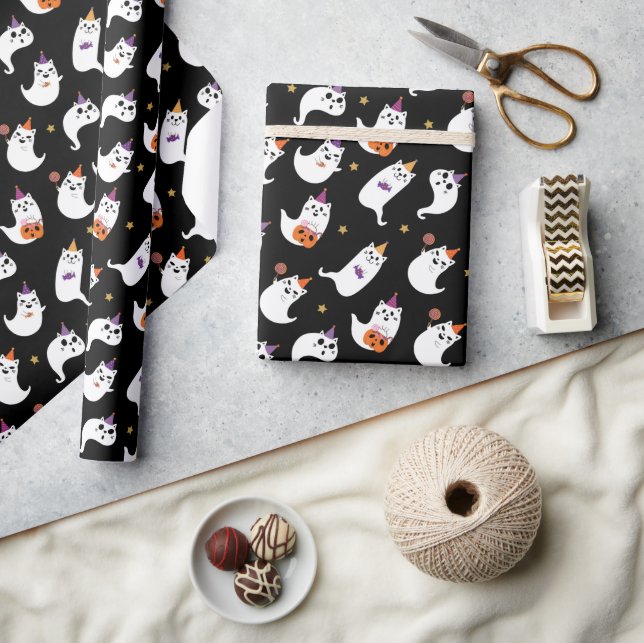 Spooky Ghost Cat Trick or Treating Wrapping Paper (Crafts)